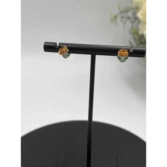 14k Yellow 535 Gold Bezel Set Blue Cats‎ Eye Heart Dainty Small Stud Earrings - Picture 5 of 12